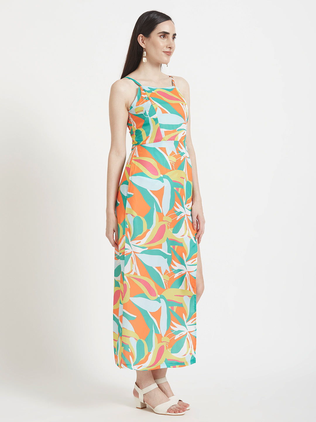 Luxury  Satin Digital Print  Maxi Dress With Slash Pocket