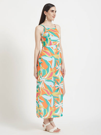 Luxury  Satin Digital Print  Maxi Dress With Slash Pocket