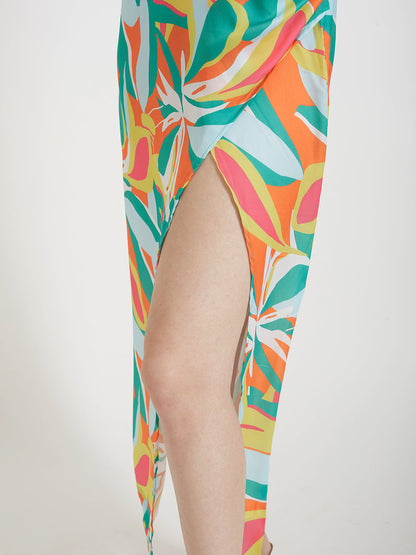 Luxury  Satin Digital Print  Maxi Dress With Slash Pocket