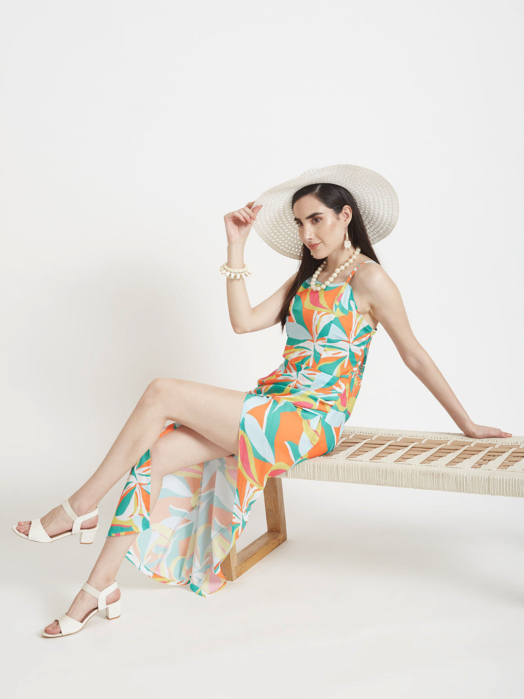 Luxury  Satin Digital Print  Maxi Dress With Slash Pocket