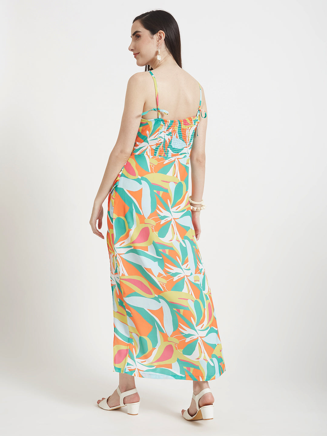 Luxury  Satin Digital Print  Maxi Dress With Slash Pocket