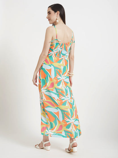Luxury  Satin Digital Print  Maxi Dress With Slash Pocket
