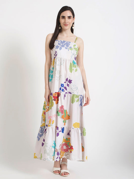 Premium Micro Digital Print  Shoulder Strap Maxi Dress With Slash Pocket