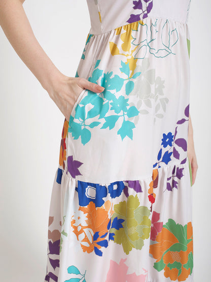 Premium Micro Digital Print  Shoulder Strap Maxi Dress With Slash Pocket