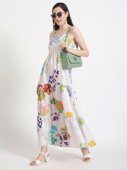 Premium Micro Digital Print  Shoulder Strap Maxi Dress With Slash Pocket