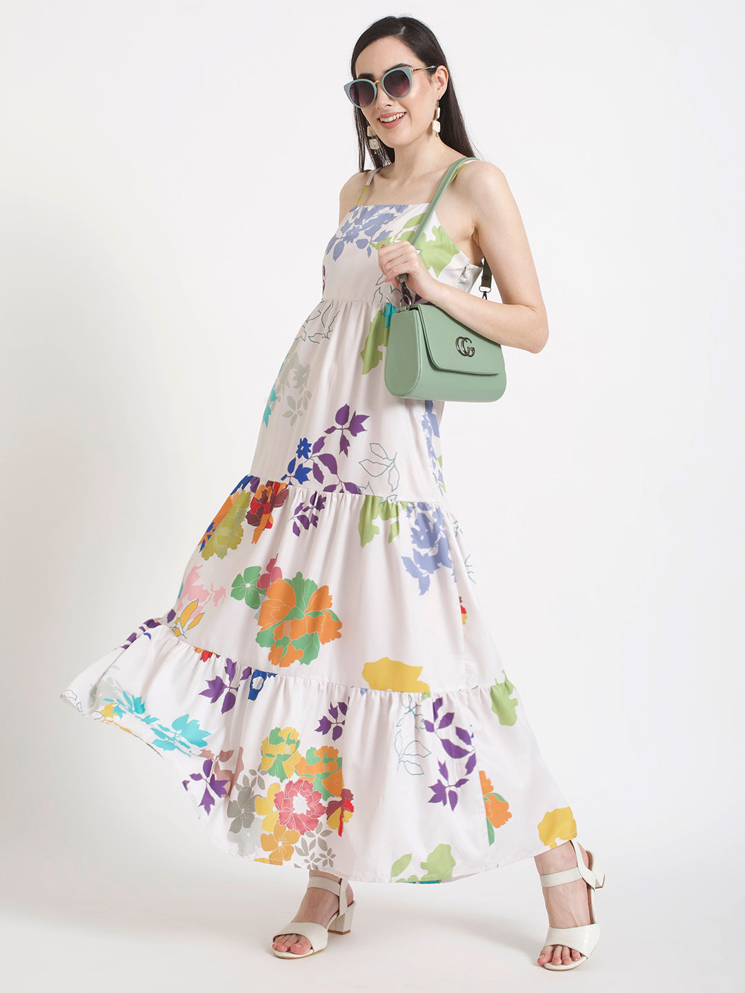 Premium Micro Digital Print  Shoulder Strap Maxi Dress With Slash Pocket