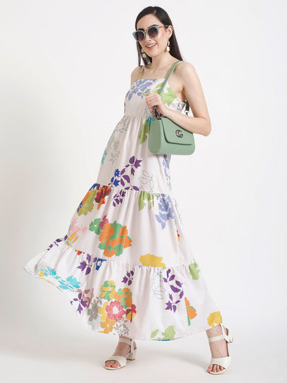 Premium Micro Digital Print  Shoulder Strap Maxi Dress With Slash Pocket