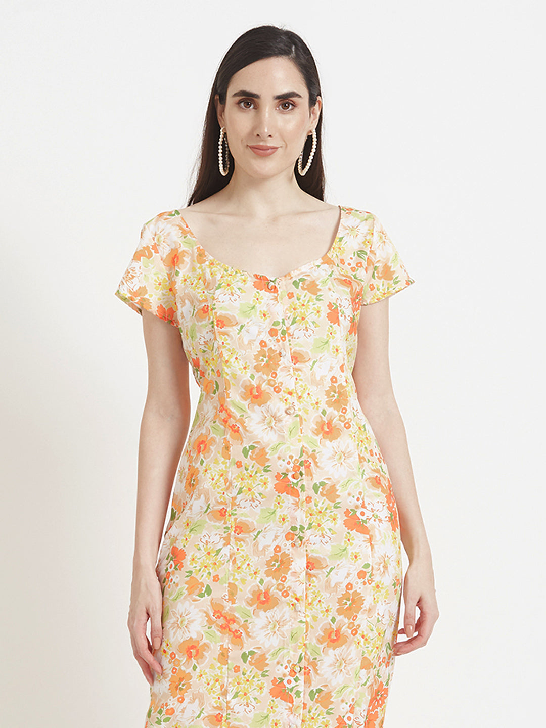 Premium American Crepe Digital Print  Front Slit Body Maxi Dress With Slash Pocket