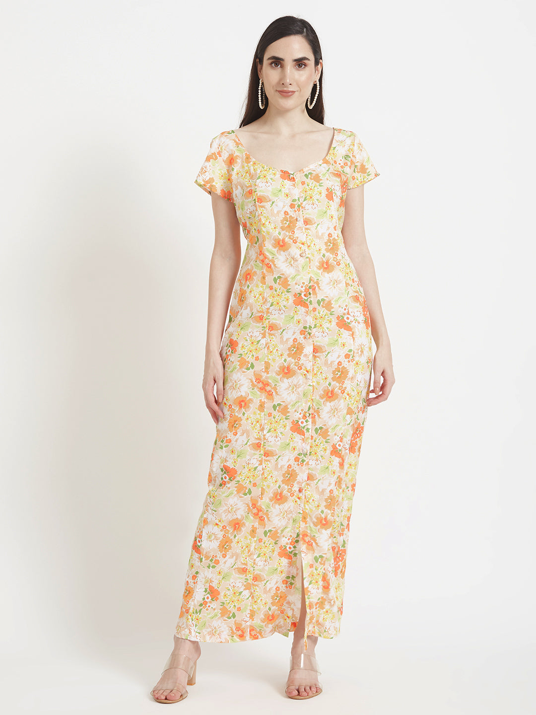 Premium American Crepe Digital Print  Front Slit Body Maxi Dress With Slash Pocket