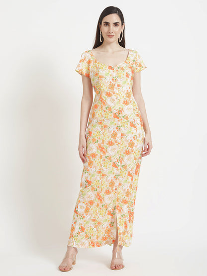 Premium American Crepe Digital Print  Front Slit Body Maxi Dress With Slash Pocket