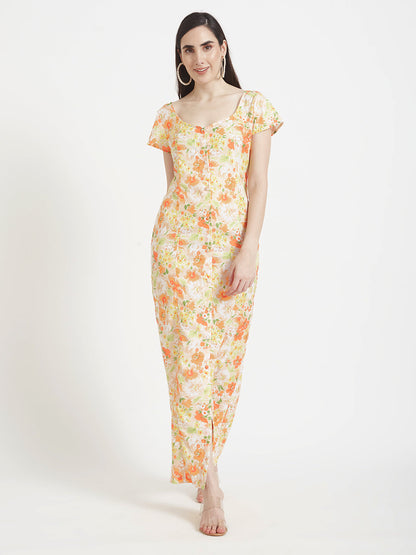 Premium American Crepe Digital Print  Front Slit Body Maxi Dress With Slash Pocket