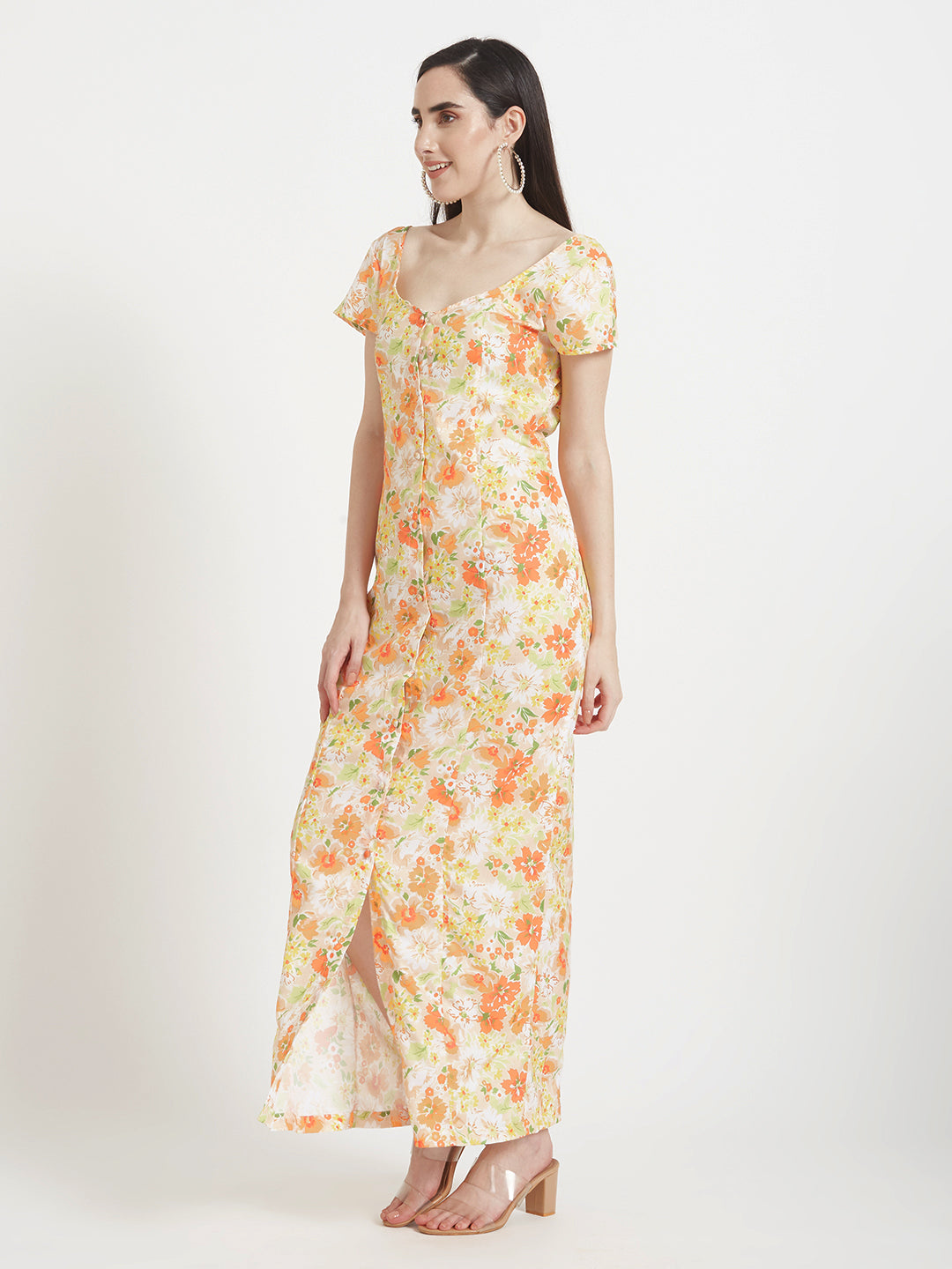 Premium American Crepe Digital Print  Front Slit Body Maxi Dress With Slash Pocket