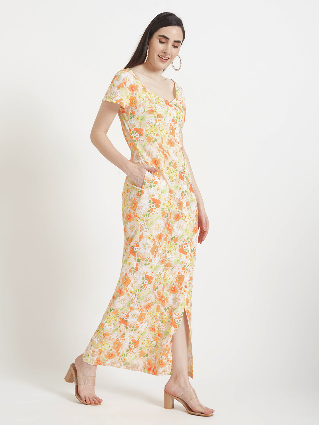 Premium American Crepe Digital Print  Front Slit Body Maxi Dress With Slash Pocket