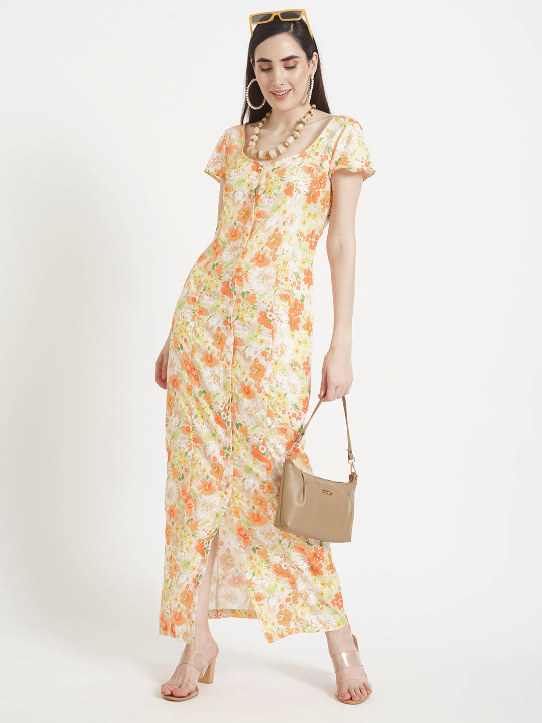 Premium American Crepe Digital Print  Front Slit Body Maxi Dress With Slash Pocket
