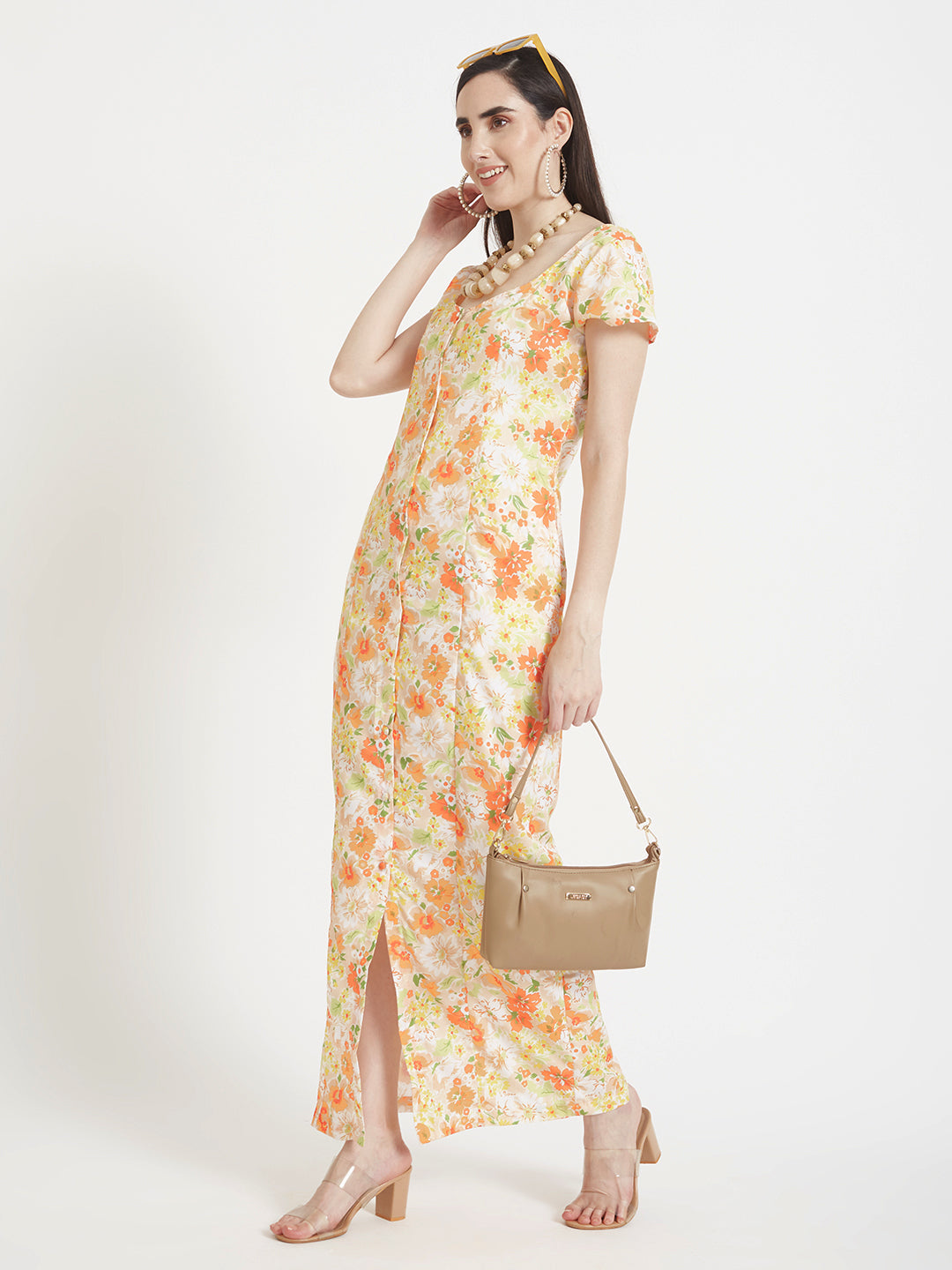 Premium American Crepe Digital Print  Front Slit Body Maxi Dress With Slash Pocket