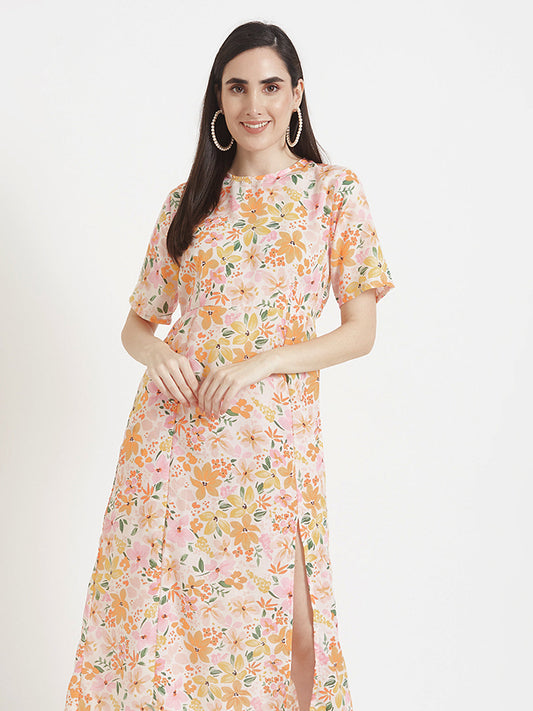 Luxury Cambric Digital Print  Maxi Dress With Slash Pocket