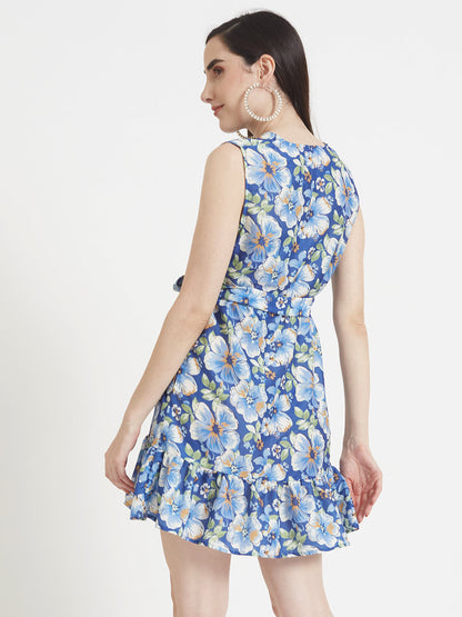 Premium Micro Digital Print  V Neck Flare Dress With Slash Pocket
