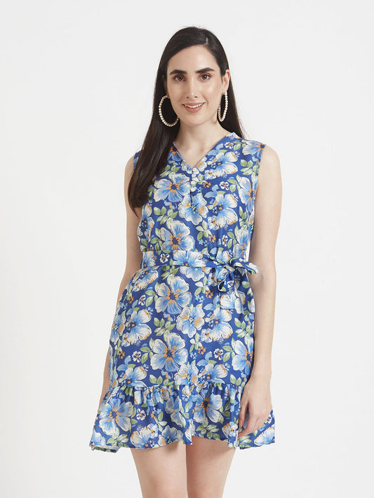 Premium Micro Digital Print  V Neck Flare Dress With Slash Pocket