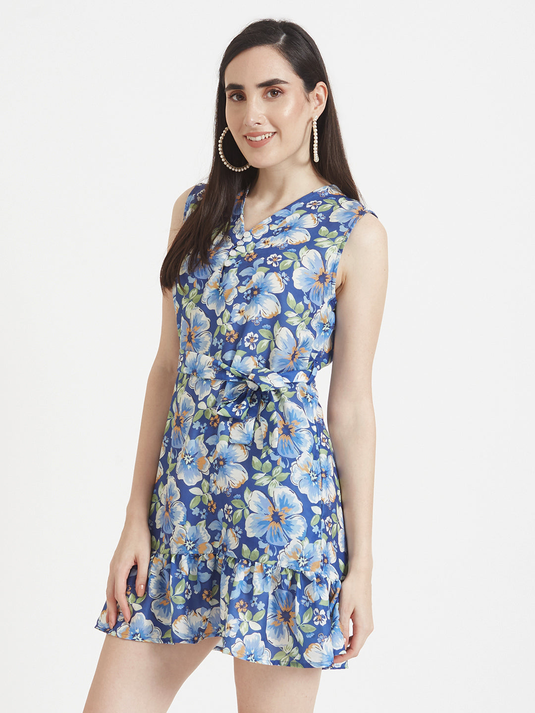 Premium Micro Digital Print  V Neck Flare Dress With Slash Pocket