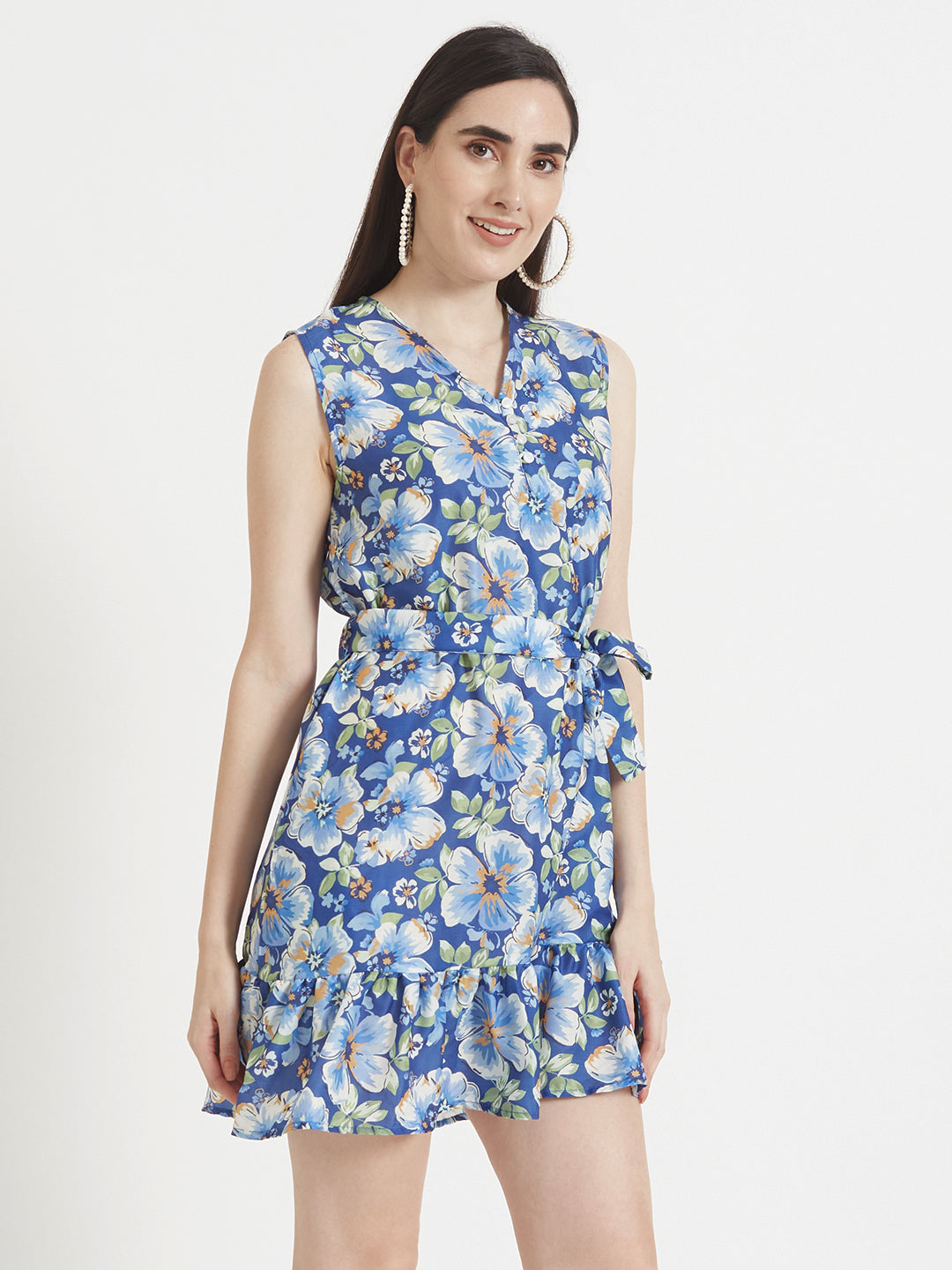 Premium Micro Digital Print  V Neck Flare Dress With Slash Pocket