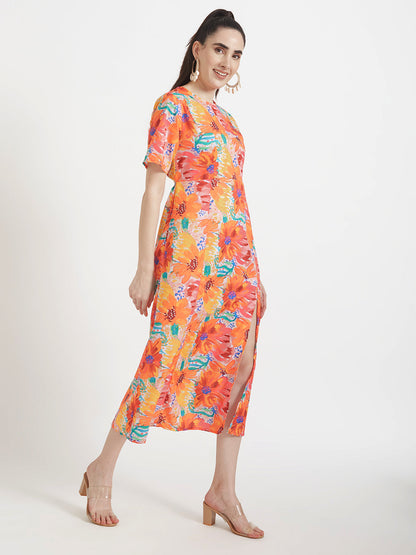 Premium American Crepe Digital Print  Maxi Dress With Slash Pocket