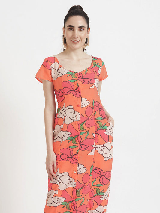 Luxury Cambric Digital Print  Front Slit Body Con Dress With Slash Pocket
