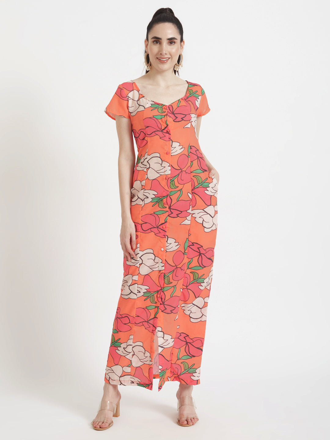 Luxury Cambric Digital Print  Front Slit Body Con Dress With Slash Pocket