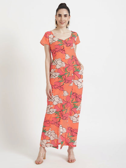 Luxury Cambric Digital Print  Front Slit Body Con Dress With Slash Pocket