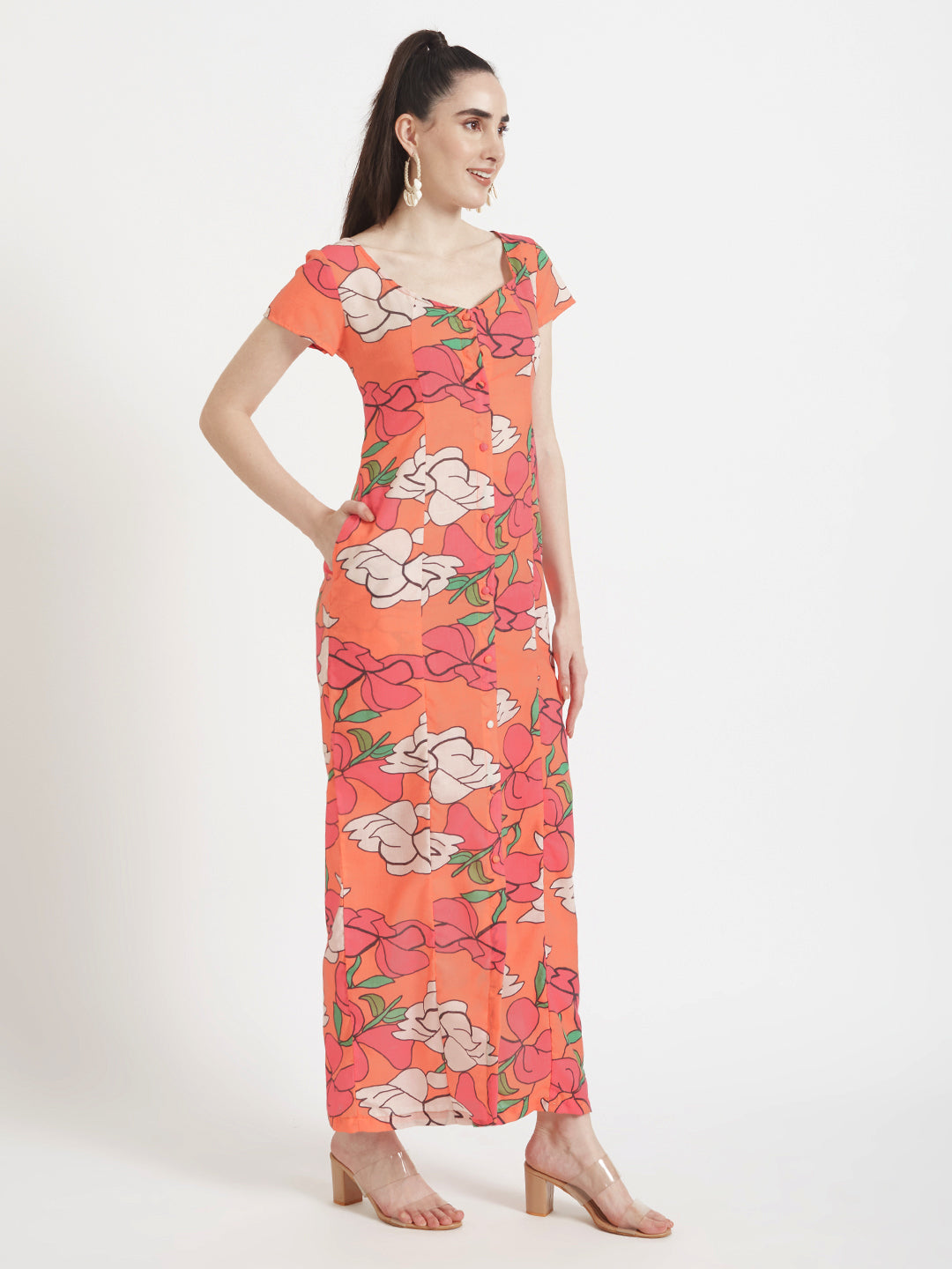 Luxury Cambric Digital Print  Front Slit Body Con Dress With Slash Pocket