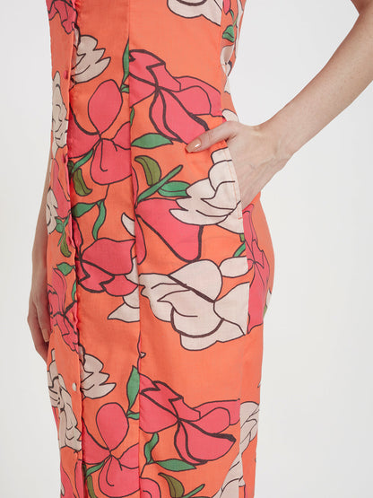 Luxury Cambric Digital Print  Front Slit Body Con Dress With Slash Pocket