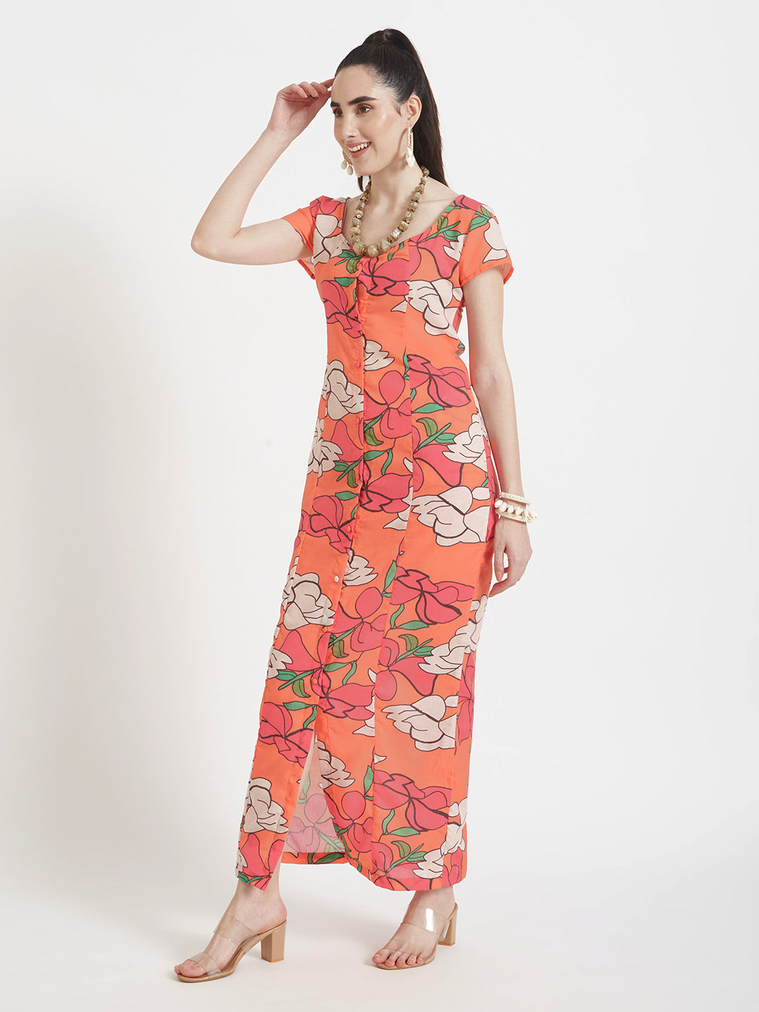 Luxury Cambric Digital Print  Front Slit Body Con Dress With Slash Pocket