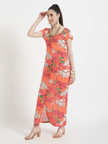 Luxury Cambric Digital Print  Front Slit Body Con Dress With Slash Pocket