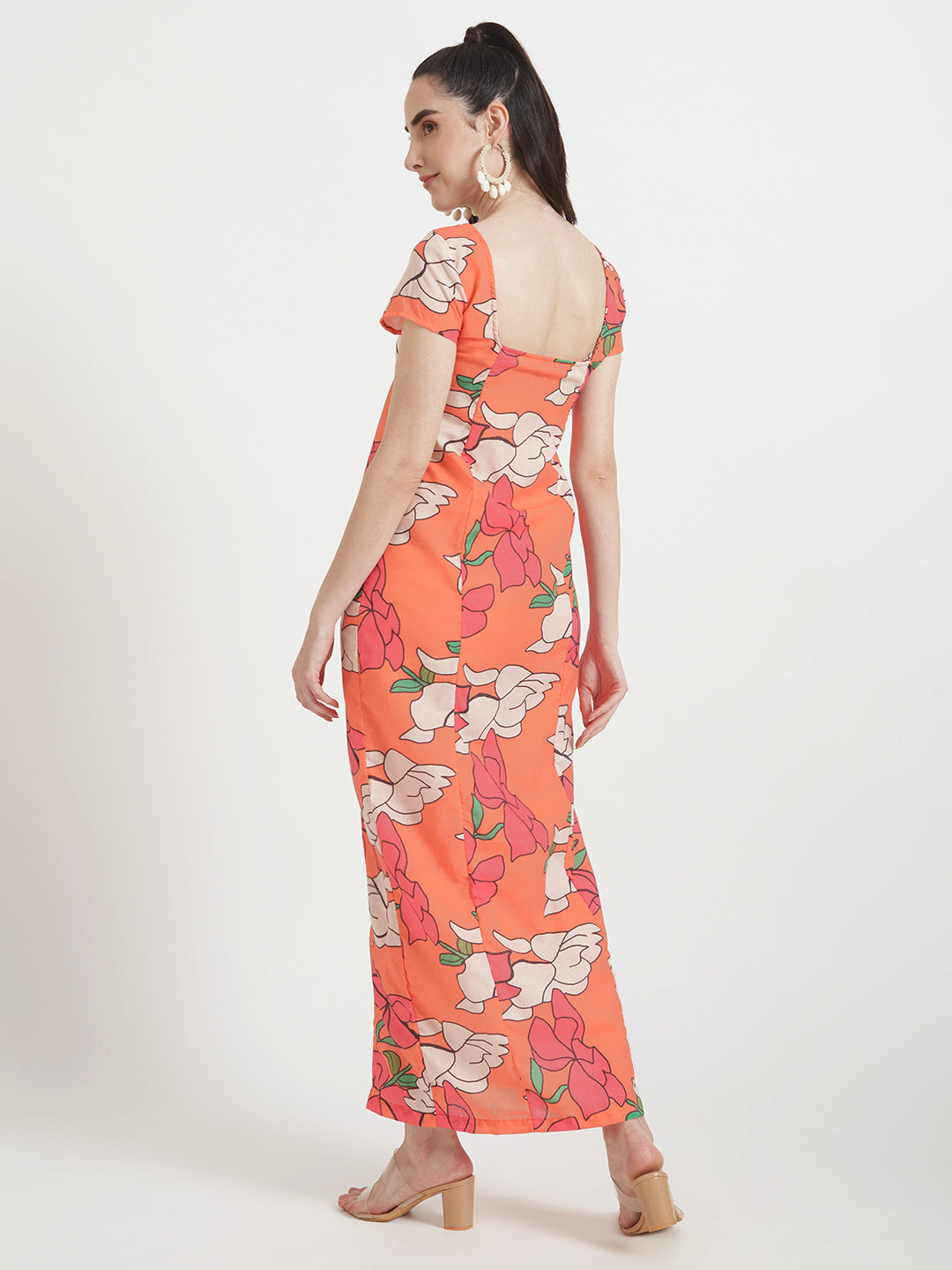 Luxury Cambric Digital Print  Front Slit Body Con Dress With Slash Pocket