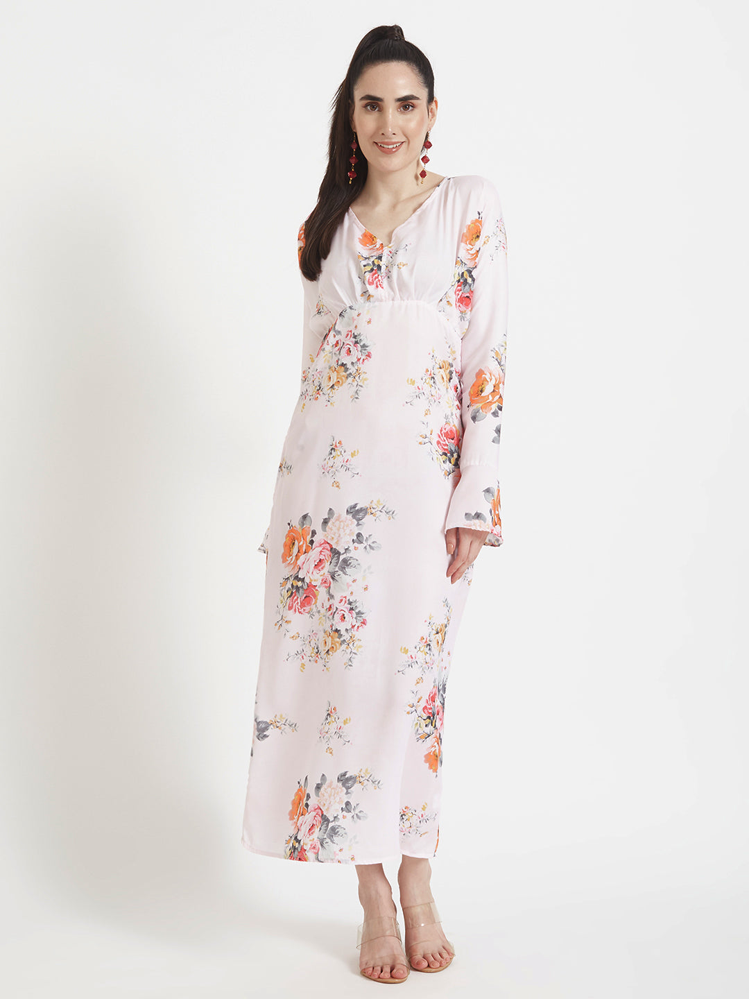 Luxury  Satin Digital Print  Maxi Dress With Slash Pocket