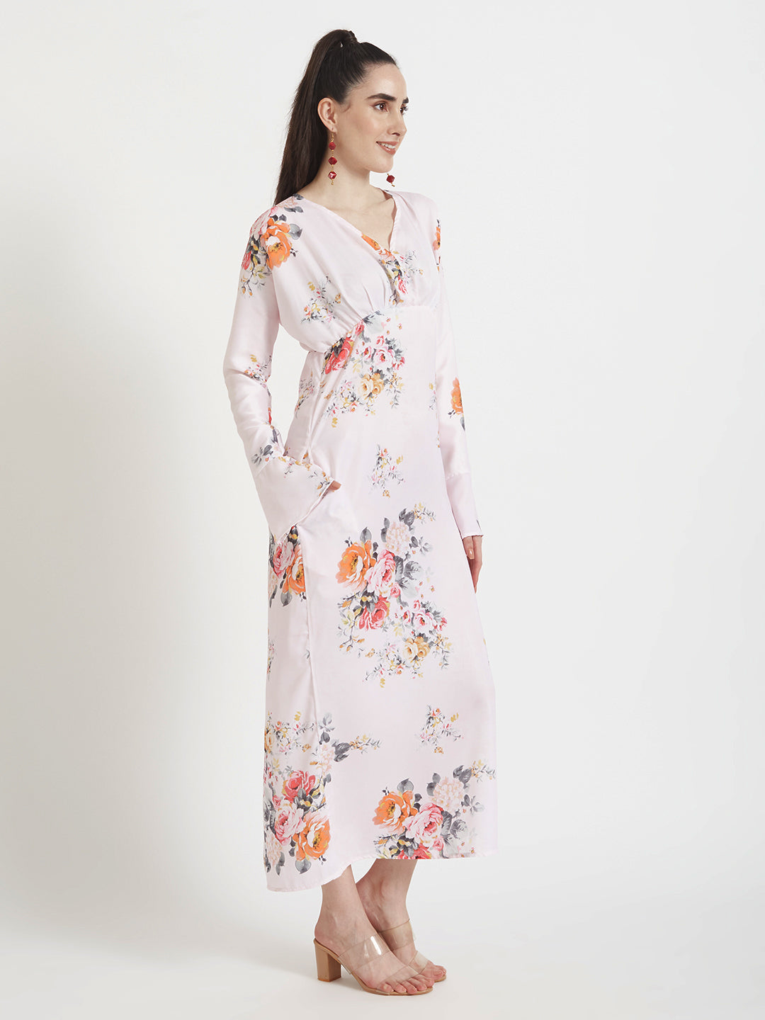 Luxury  Satin Digital Print  Maxi Dress With Slash Pocket