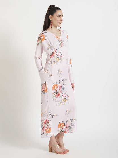 Luxury  Satin Digital Print  Maxi Dress With Slash Pocket