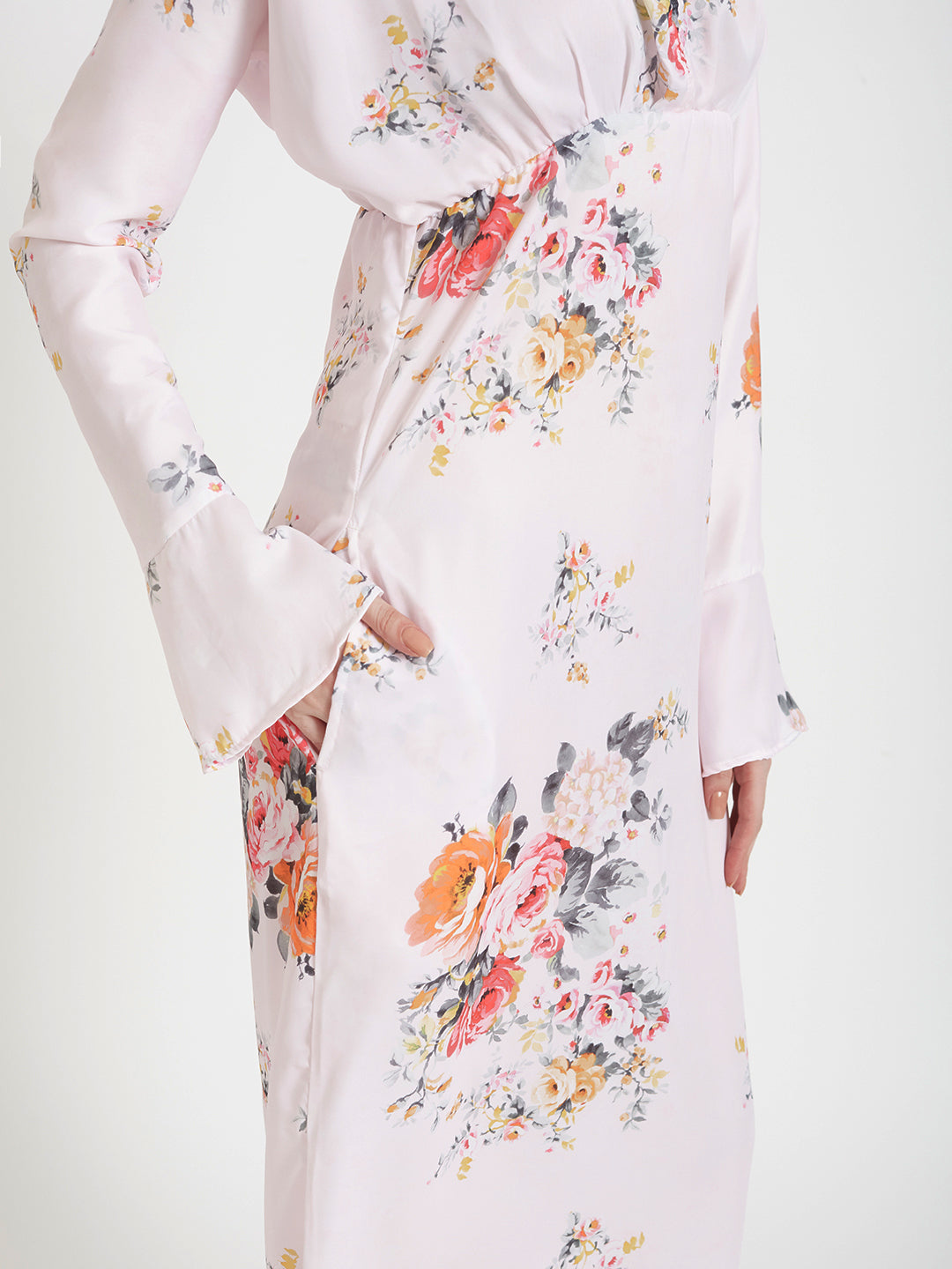 Luxury  Satin Digital Print  Maxi Dress With Slash Pocket
