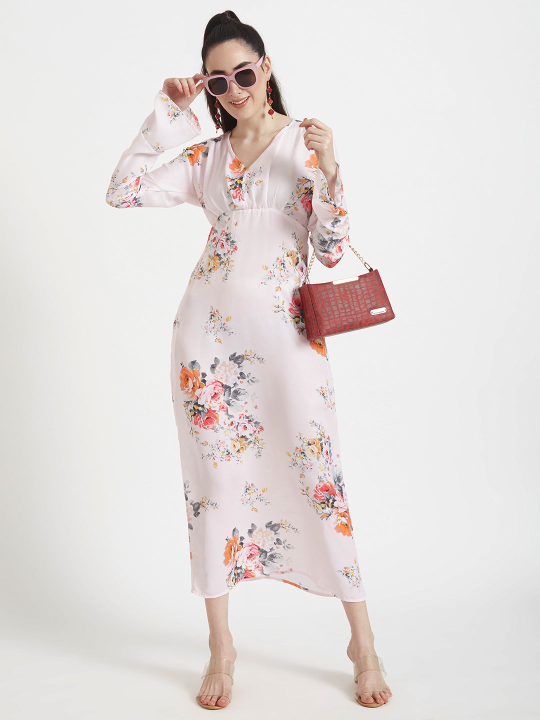 Luxury  Satin Digital Print  Maxi Dress With Slash Pocket
