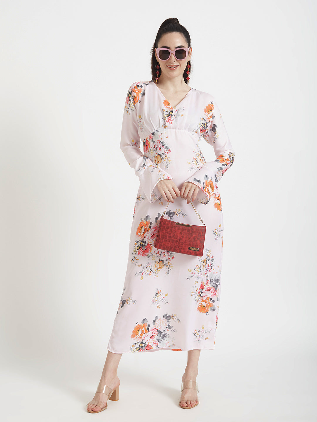 Luxury  Satin Digital Print  Maxi Dress With Slash Pocket