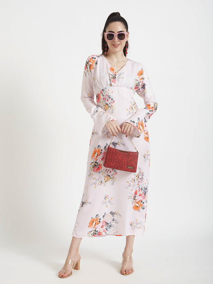 Luxury  Satin Digital Print  Maxi Dress With Slash Pocket