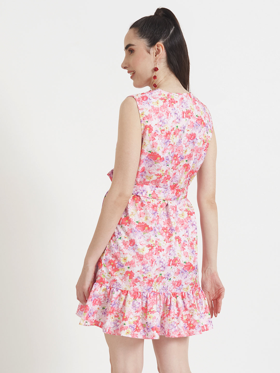 Premium Micro Digital Print  V Neck Flare Dress With Slash Pocket