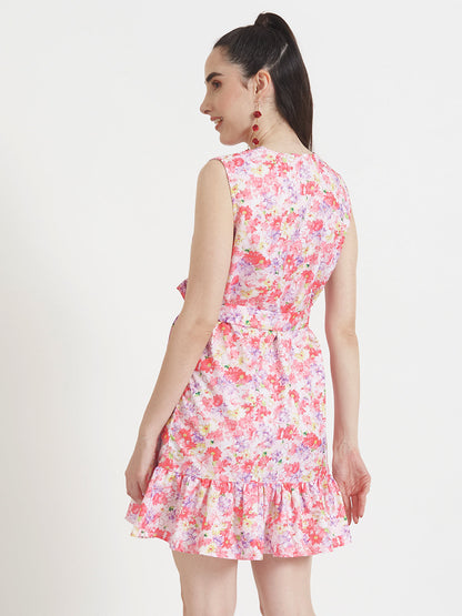 Premium Micro Digital Print  V Neck Flare Dress With Slash Pocket