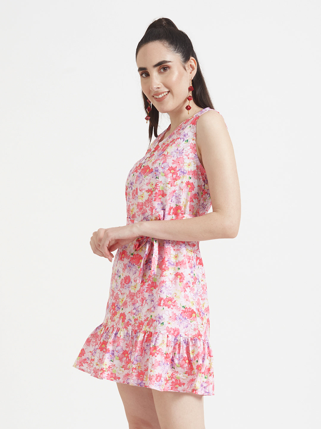 Premium Micro Digital Print  V Neck Flare Dress With Slash Pocket