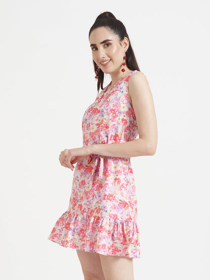 Premium Micro Digital Print  V Neck Flare Dress With Slash Pocket