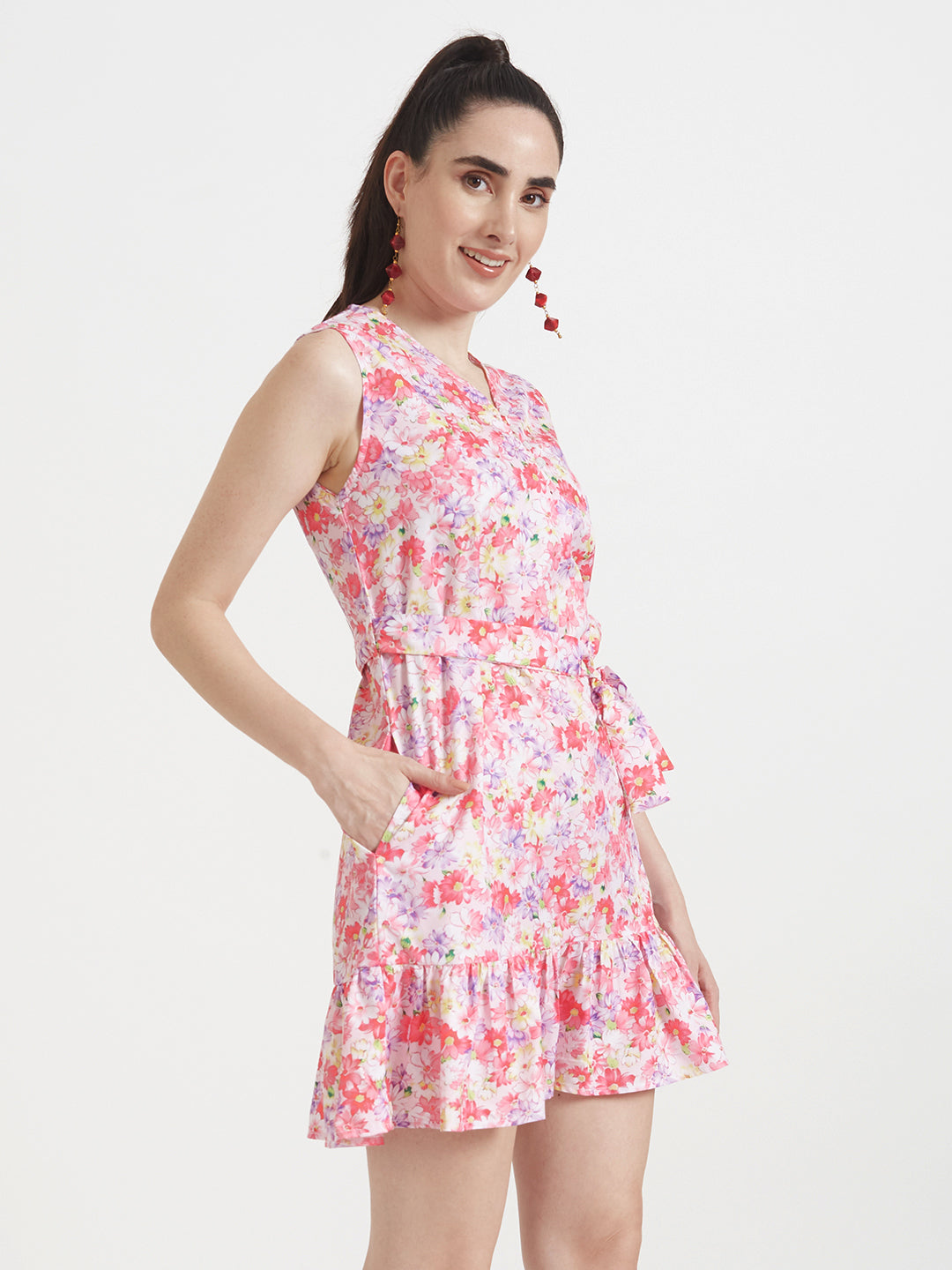 Premium Micro Digital Print  V Neck Flare Dress With Slash Pocket