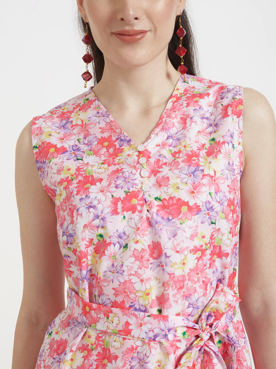 Premium Micro Digital Print  V Neck Flare Dress With Slash Pocket