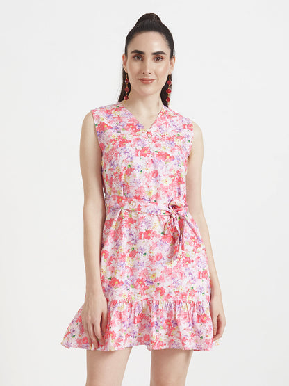 Premium Micro Digital Print  V Neck Flare Dress With Slash Pocket