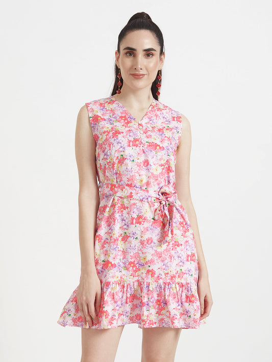 Premium Micro Digital Print  V Neck Flare Dress With Slash Pocket