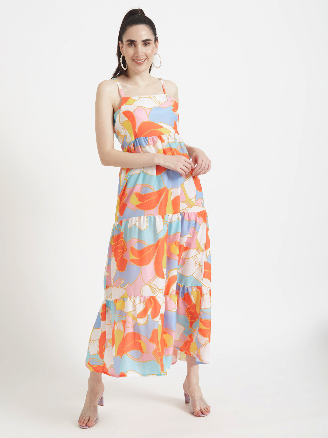 Premium Muslin Digital Print  Shoulder Strap Maxi Dress With Slash Pocket
