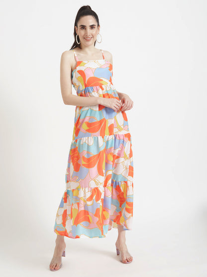 Premium Muslin Digital Print  Shoulder Strap Maxi Dress With Slash Pocket